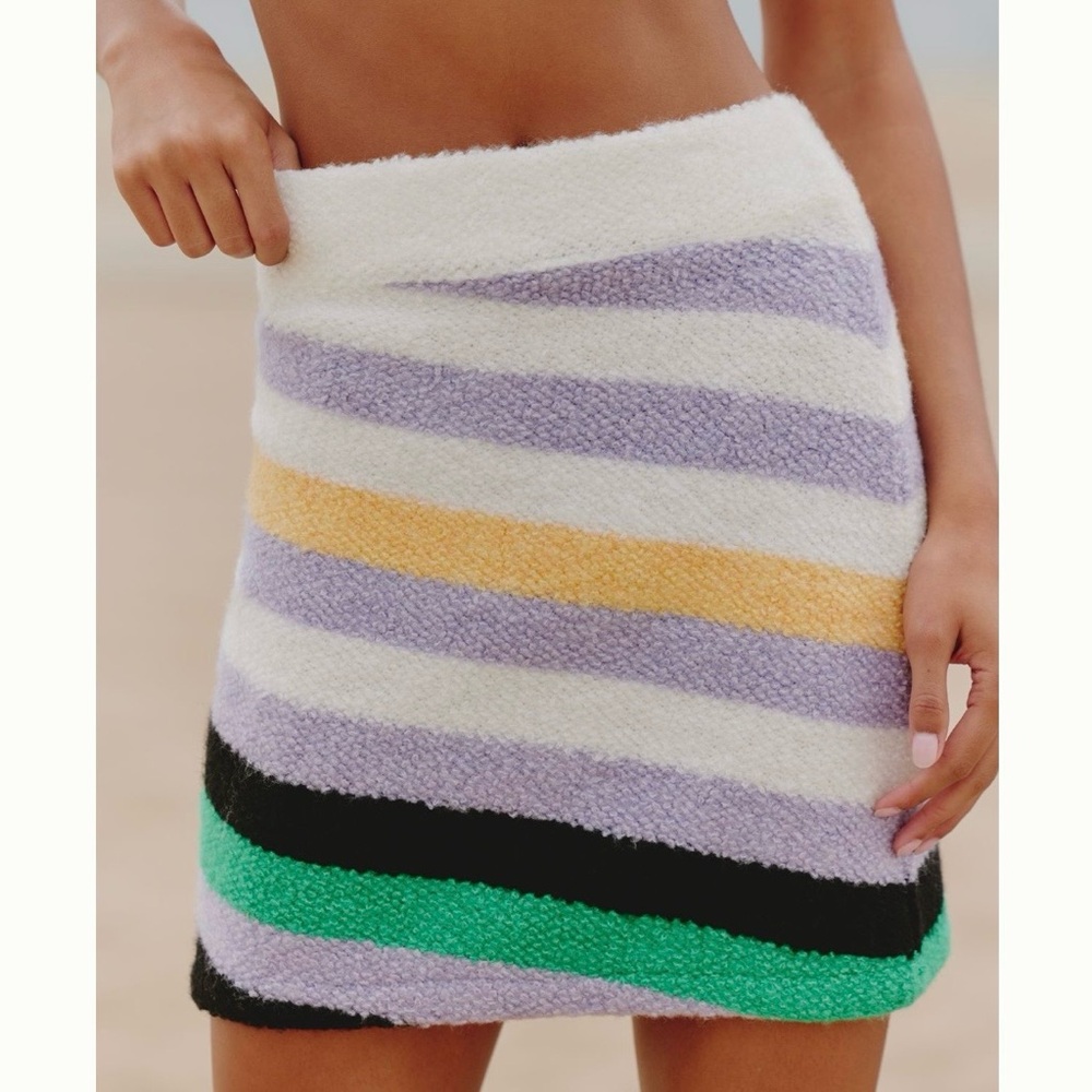 Daily Practice Cozy Fuzzy Purple White Yellow Stripe Sweater Mini Skirt XXS